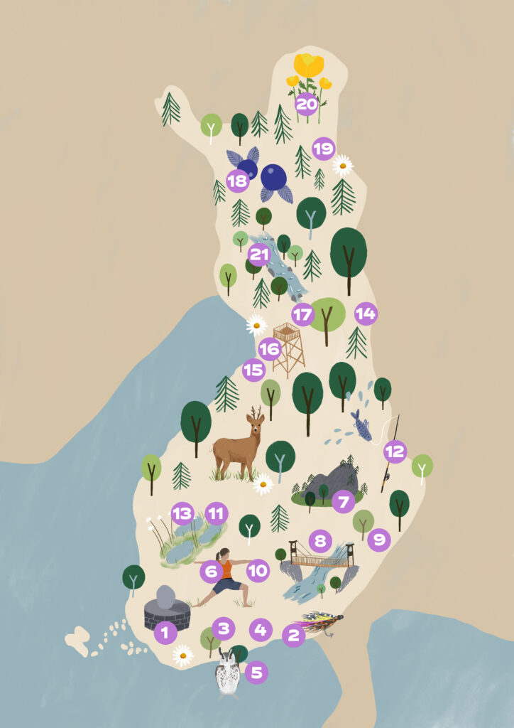Suomen kartalle on numeroin merkitty 21 kansallispuistoa ja retkeilyaluetta, joista löytyvät Skutsirastit.
